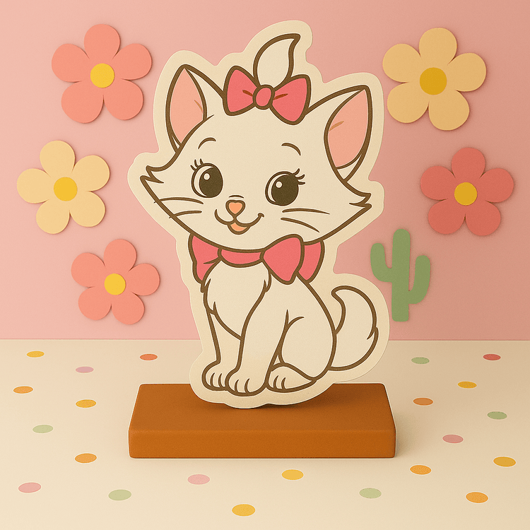Handmade Marie Aristocats party decorations and supplies for birthdays, including cutouts, centerpieces, and toppers.