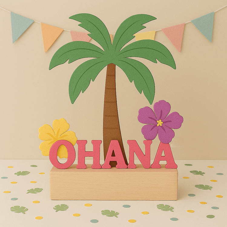 Handmade Stitch and Lilo birthday decorations including cutouts, centerpieces, toppers, and party favors for kids’ celebrations