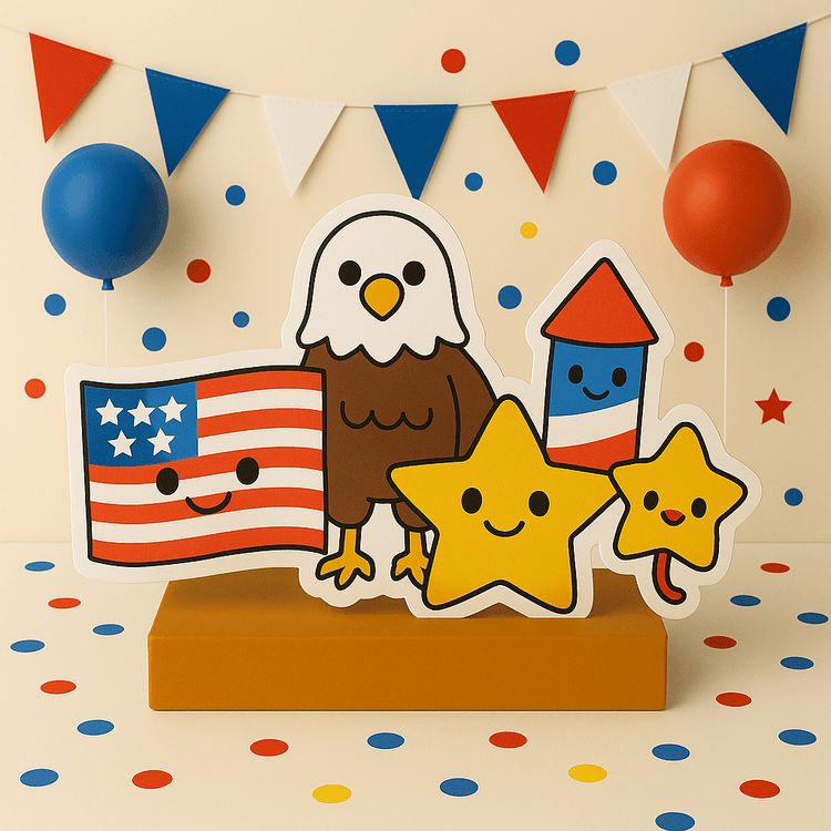 4th of July decorations with patriotic centerpieces, cutouts, and red white and blue party supplies for Independence Day