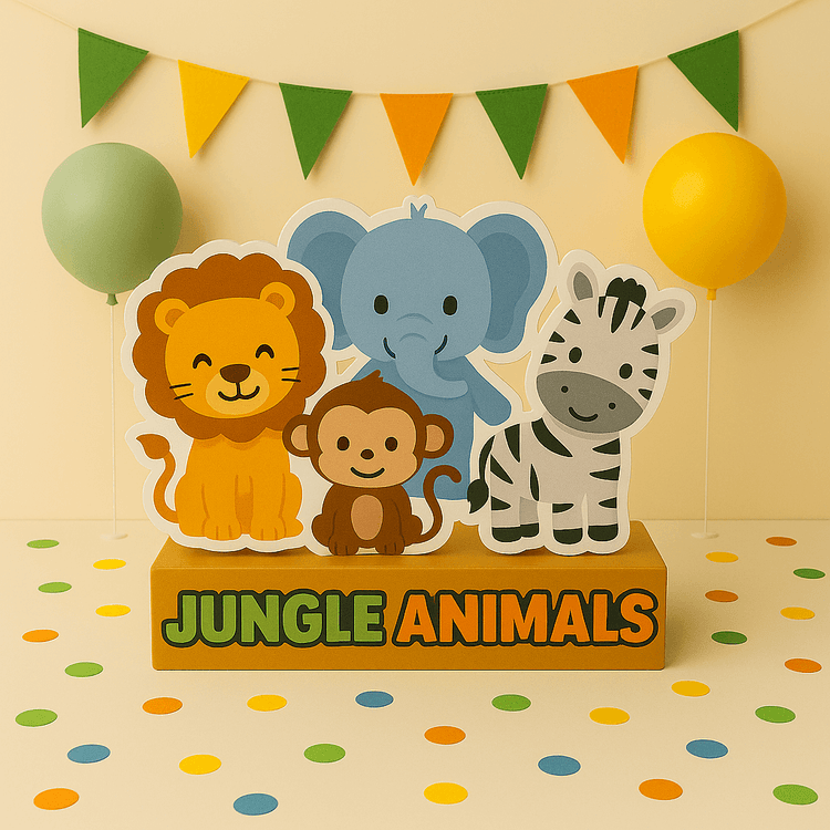 Handmade jungle animal birthday decorations – foam safari centerpieces & cutouts for jungle theme kids party