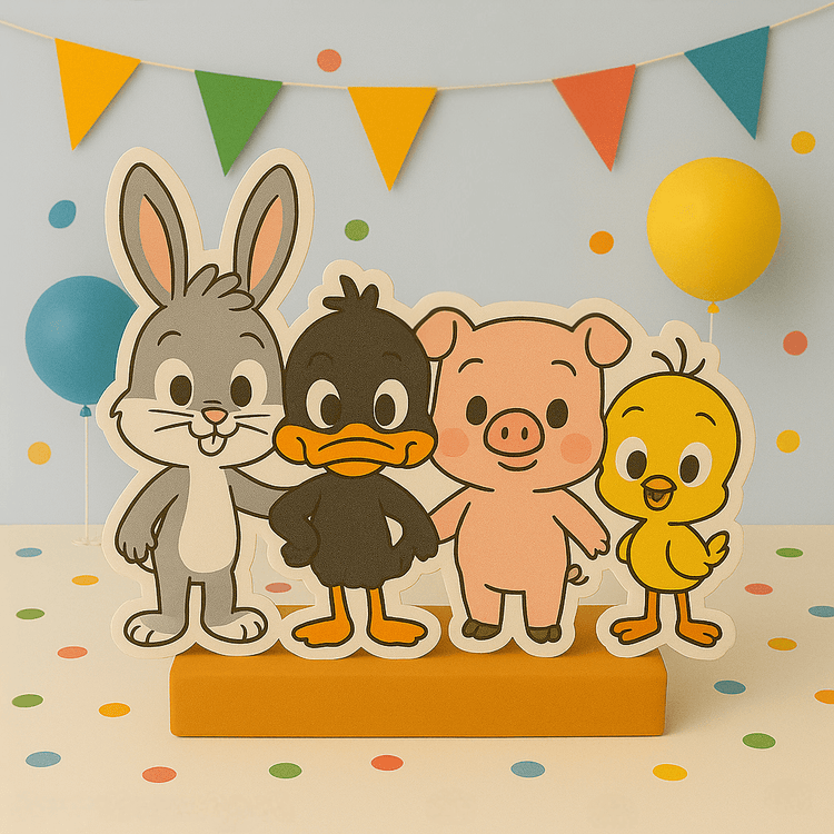 Looney Tunes birthday decorations with Bugs Bunny and Tweety centerpieces, cutouts, and cake toppers for kids’ parties