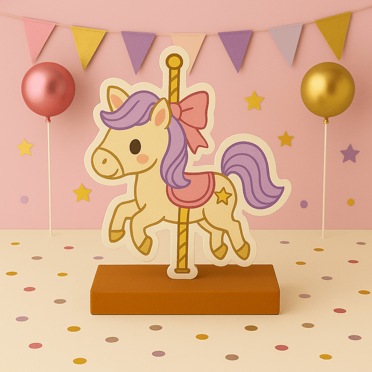 Carousel Horse party decorations with centerpieces, cutouts and cake toppers for merry go round birthday theme