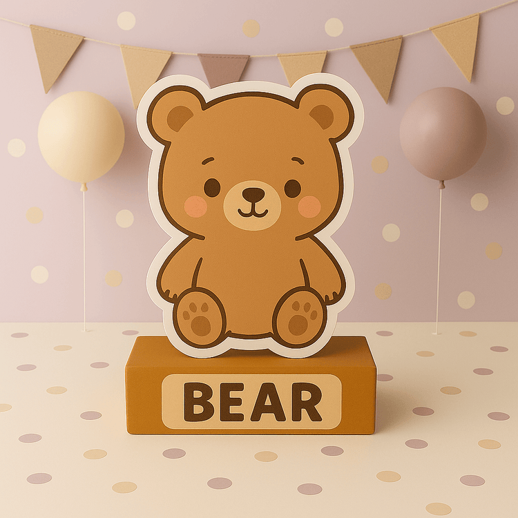 Handmade teddy bear cutouts and bear party decorations for a beary first birthday centerpiece or baby shower party setup.