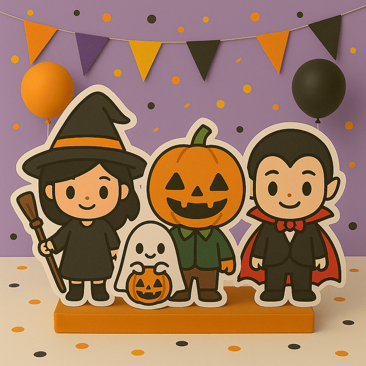 Halloween decorations with handmade centerpieces, cake toppers, balloons and party supplies for spooky celebrations