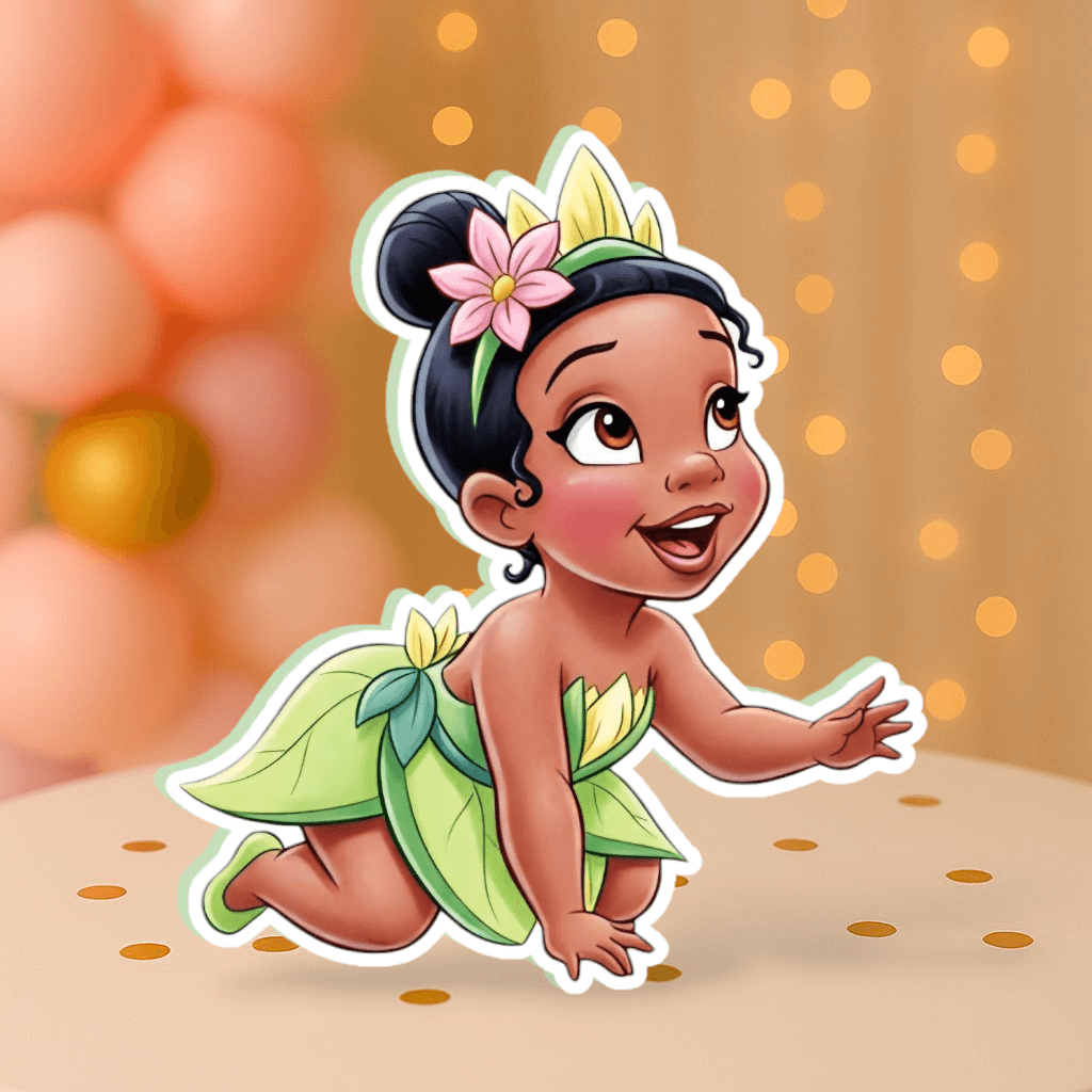 Crawling Baby Princess Tiana cutout centerpiece – handmade tiana birthday decorations for themed events.