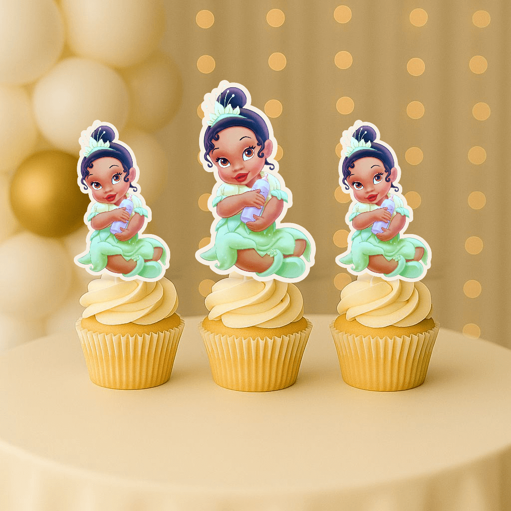 Baby Princess Tiana close-up cupcake topper – princess tiana cupcake toppers for princess and the frog birthday decorations.