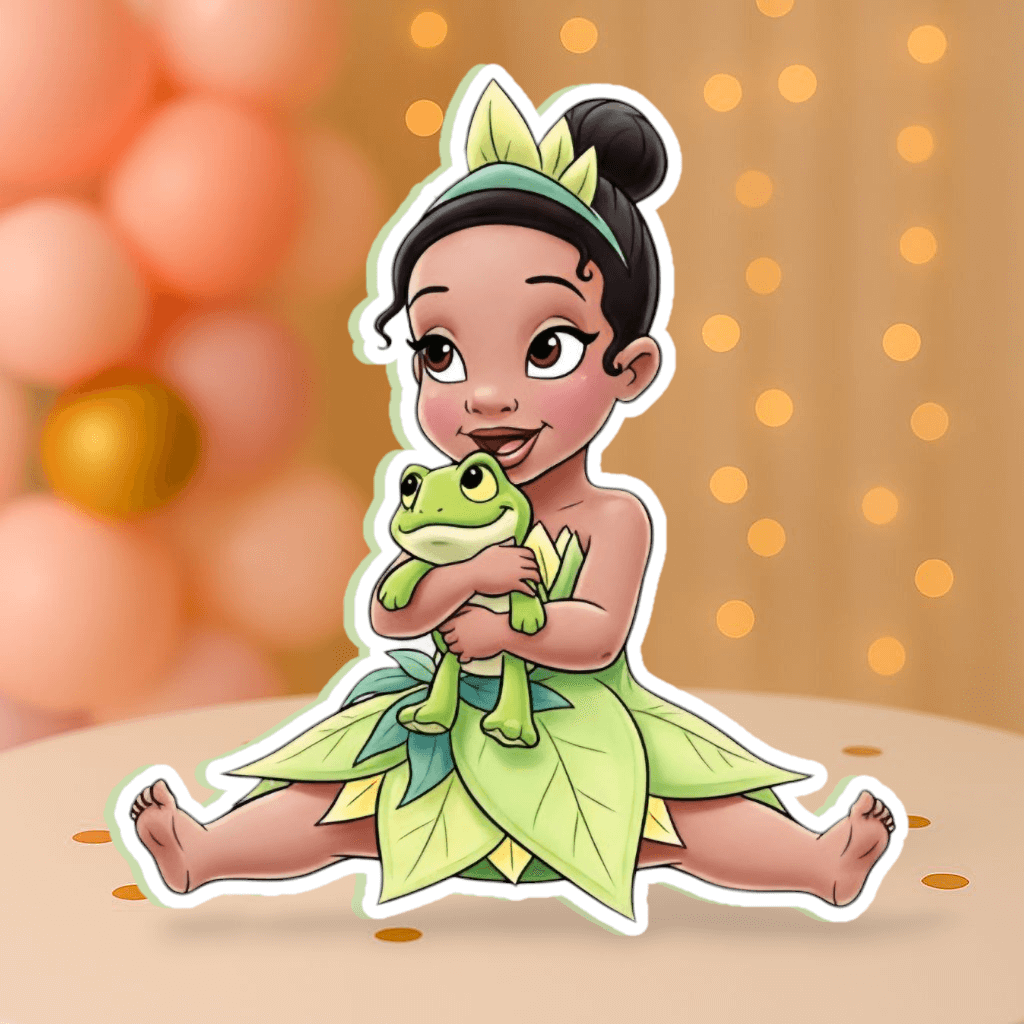 Baby Princess Tiana hugging frog cutout centerpiece – princess and the frog birthday decorations for kids’ parties.
