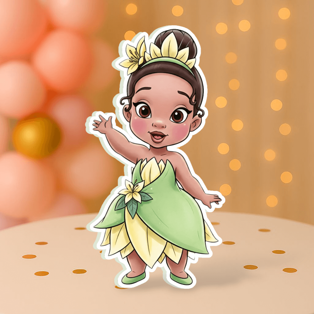 Baby Princess Tiana waving hi cutout centerpiece – princess tiana cutout for birthday tables and parties.