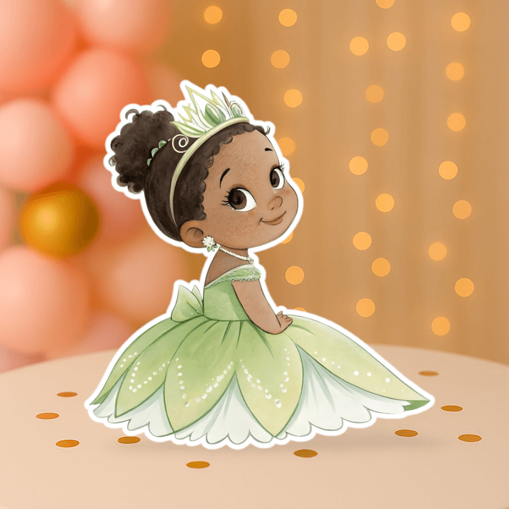 Baby Princess Tiana sitting cutout centerpiece – tiana birthday party supplies for themed princess celebrations.