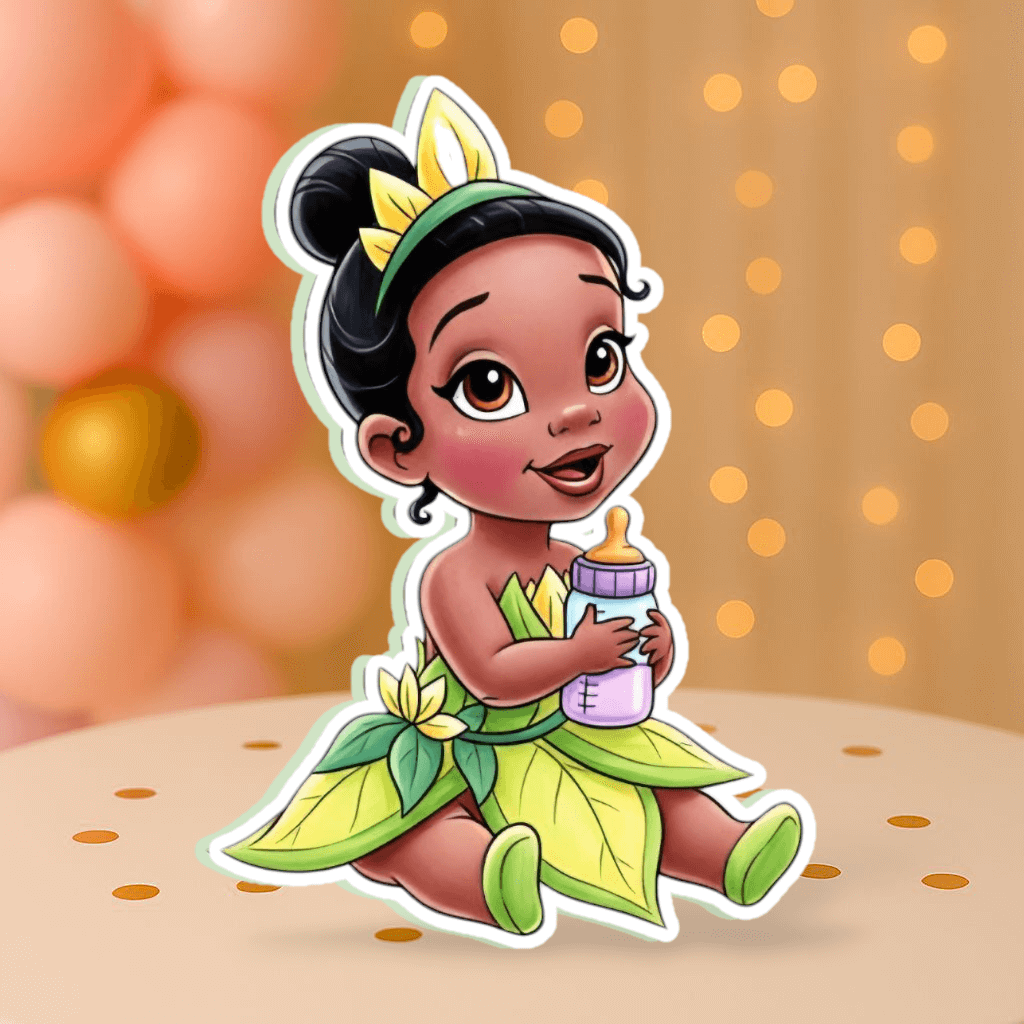 Baby Princess Tiana with milk bottle cutout centerpiece – princess tiana party decorations for birthday celebrations.