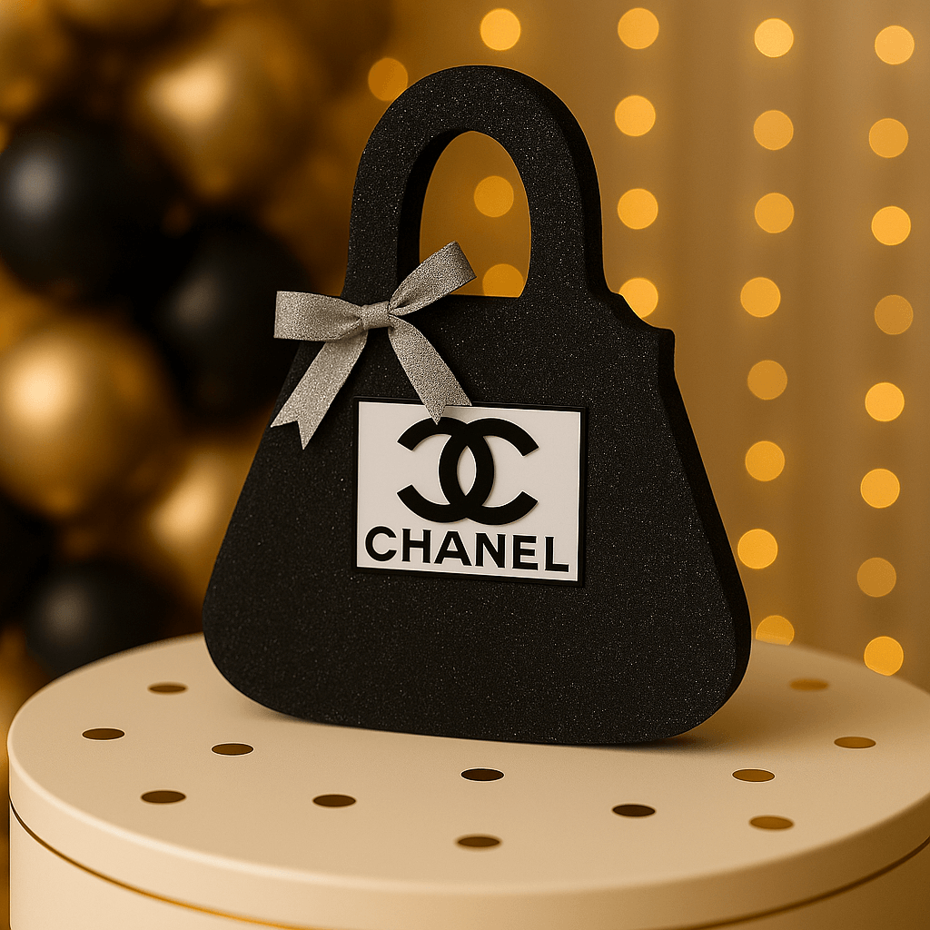 Glamorous black Chanel centerpiece with silver bow, designed for Chanel birthday party decorations and chic themes.