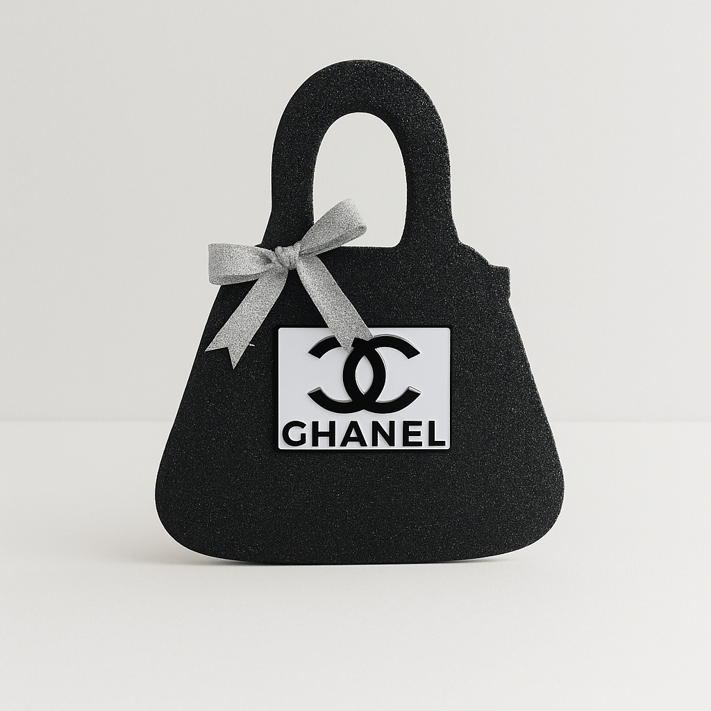 Black Chanel birthday centerpiece purse with silver bow, chic table décor for Chanel party decorations.