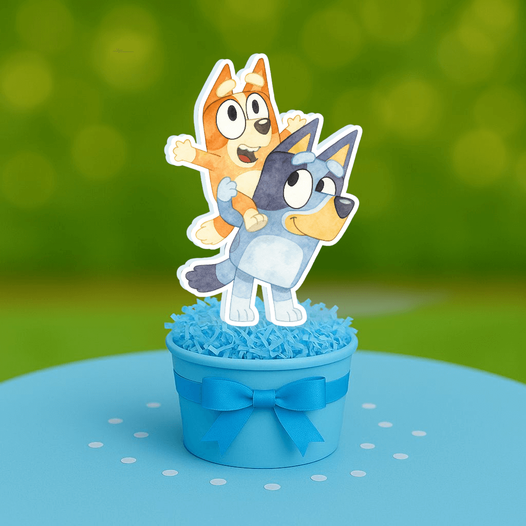 Handmade Bluey carrying Bingo cutouts for birthday table