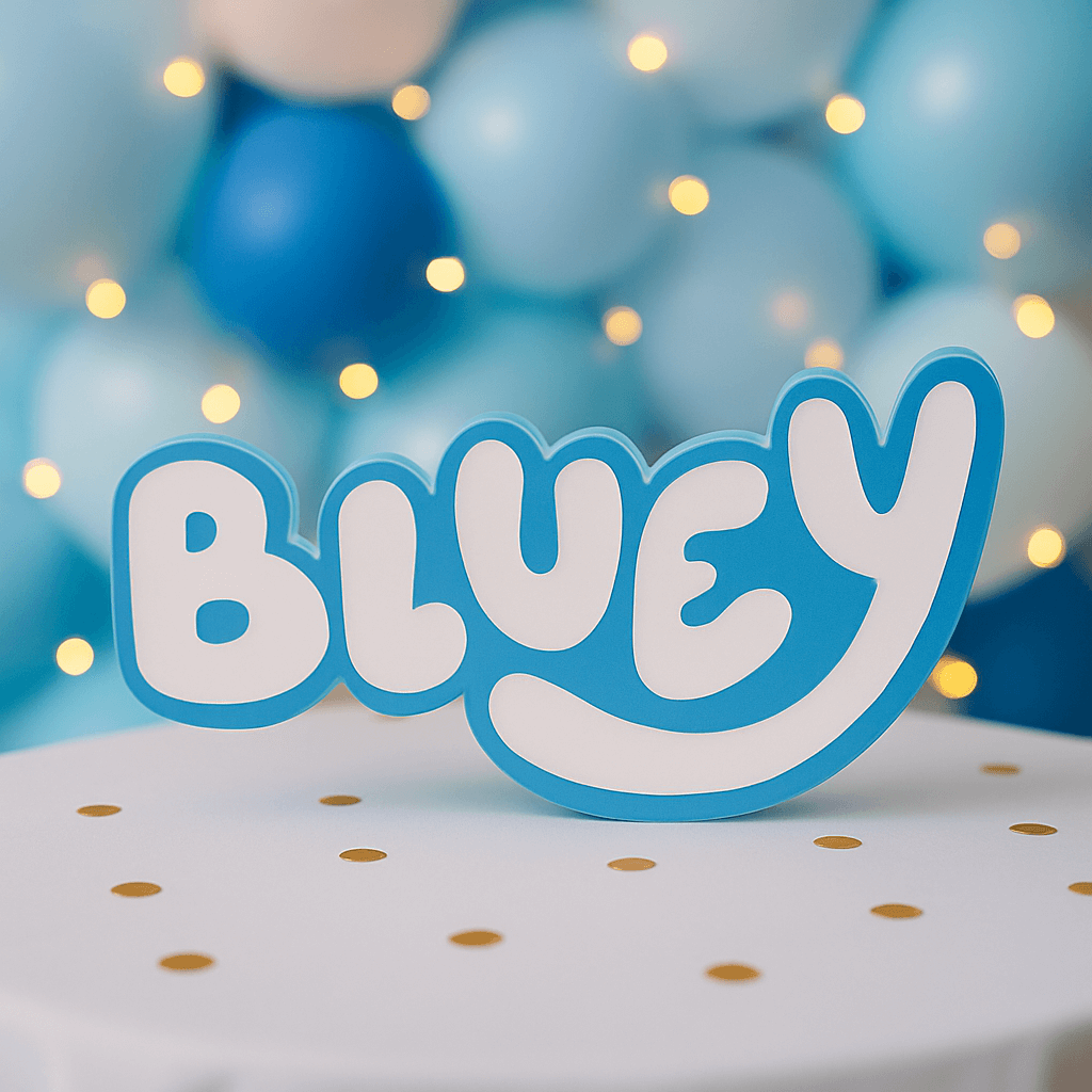 Bluey logo party centerpiece cutout in pink or blue