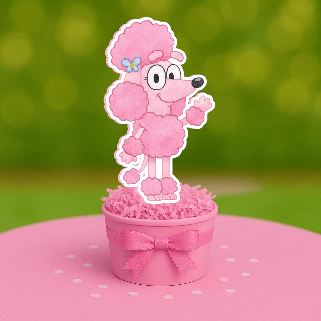 Coco Bluey pink poodle centerpiece for kids birthday table
