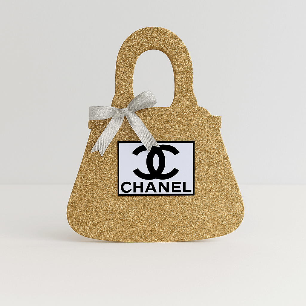 Gold Chanel birthday decorations centerpiece purse with glitter bow, elegant style for Chanel party theme.