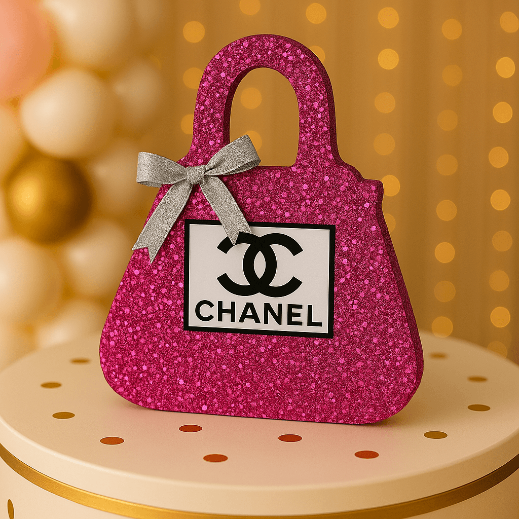 Handmade pink Chanel birthday centerpiece with glitter bow, perfect for Chanel party decorations and luxury birthday theme.