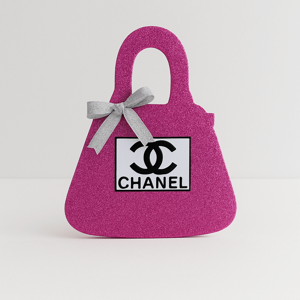 Pink Chanel birthday decorations purse centerpiece, handmade glam décor for Chanel party decorations.