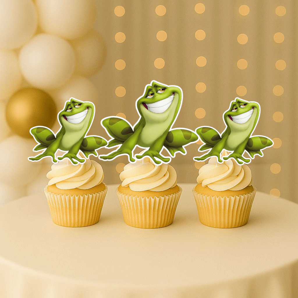 Princess and the Frog frog topper – handmade Naveen cupcake topper for birthday party decorations and princess-themed supplies.
