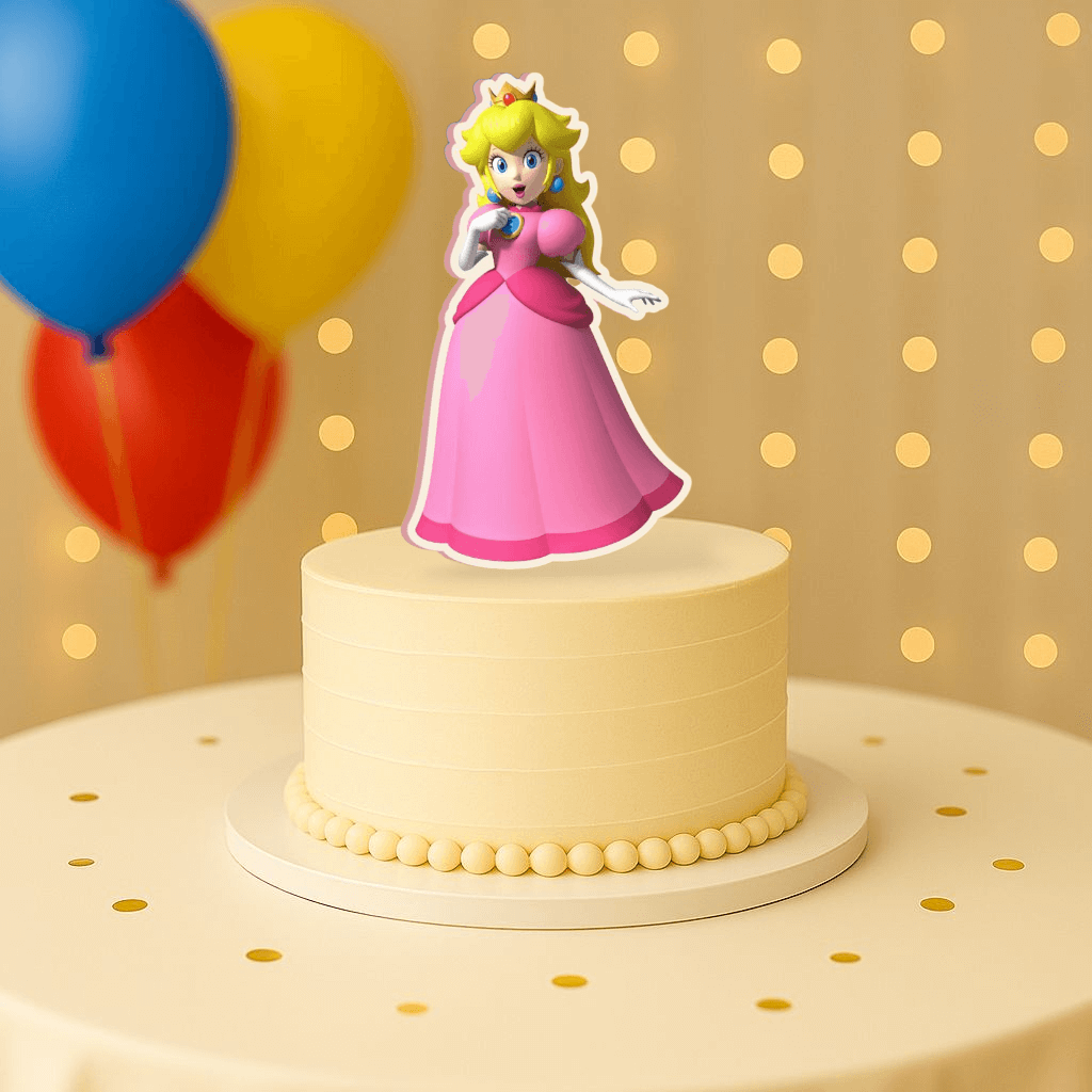 Princess Peach cake topper for Super Mario birthday party table decorations