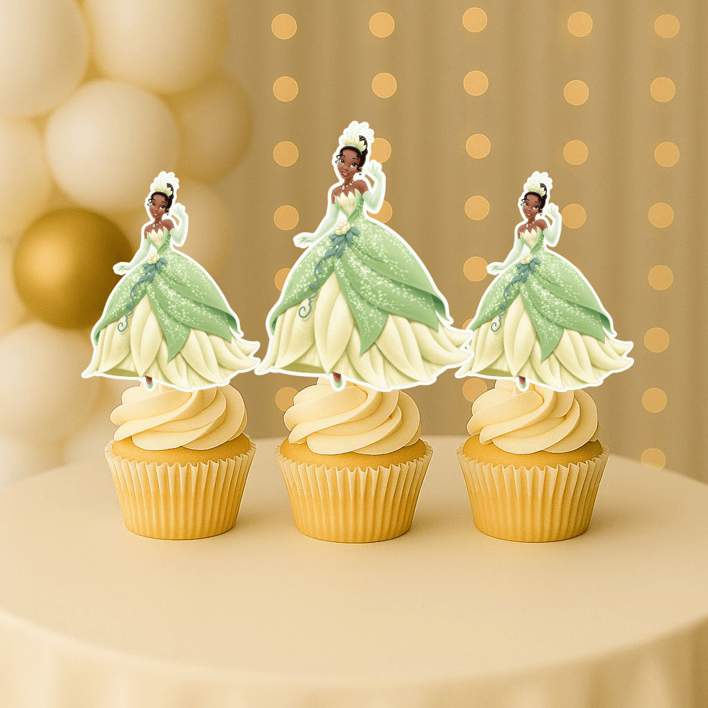 Princess Tiana cupcake topper with arms up – handmade tiana birthday decorations for princess-themed parties.