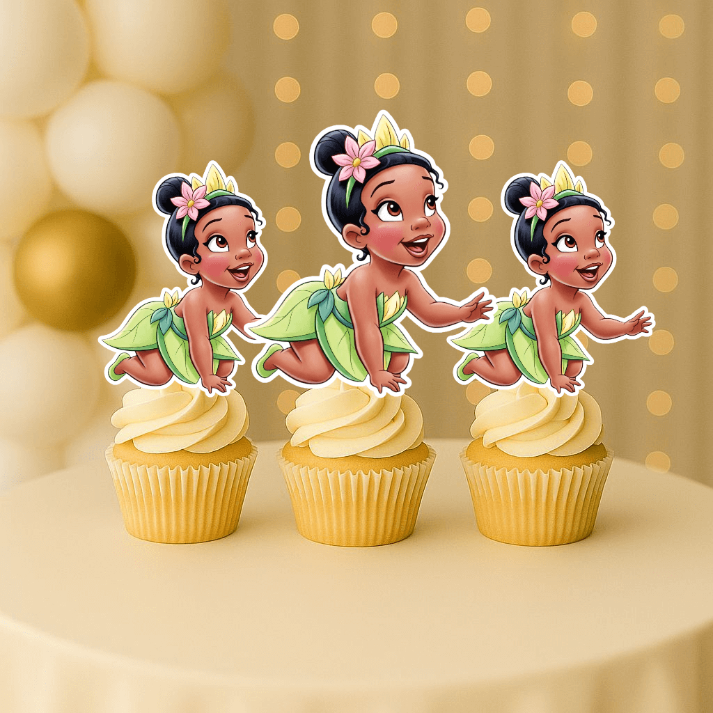 Crawling Baby Princess Tiana cupcake topper – handmade tiana cupcake toppers for princess birthday decorations.