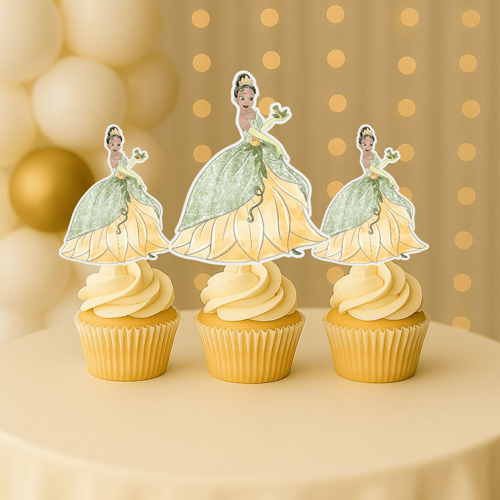 Princess Tiana cupcake topper wearing green dress – princess tiana party supplies for kids birthday decorations.