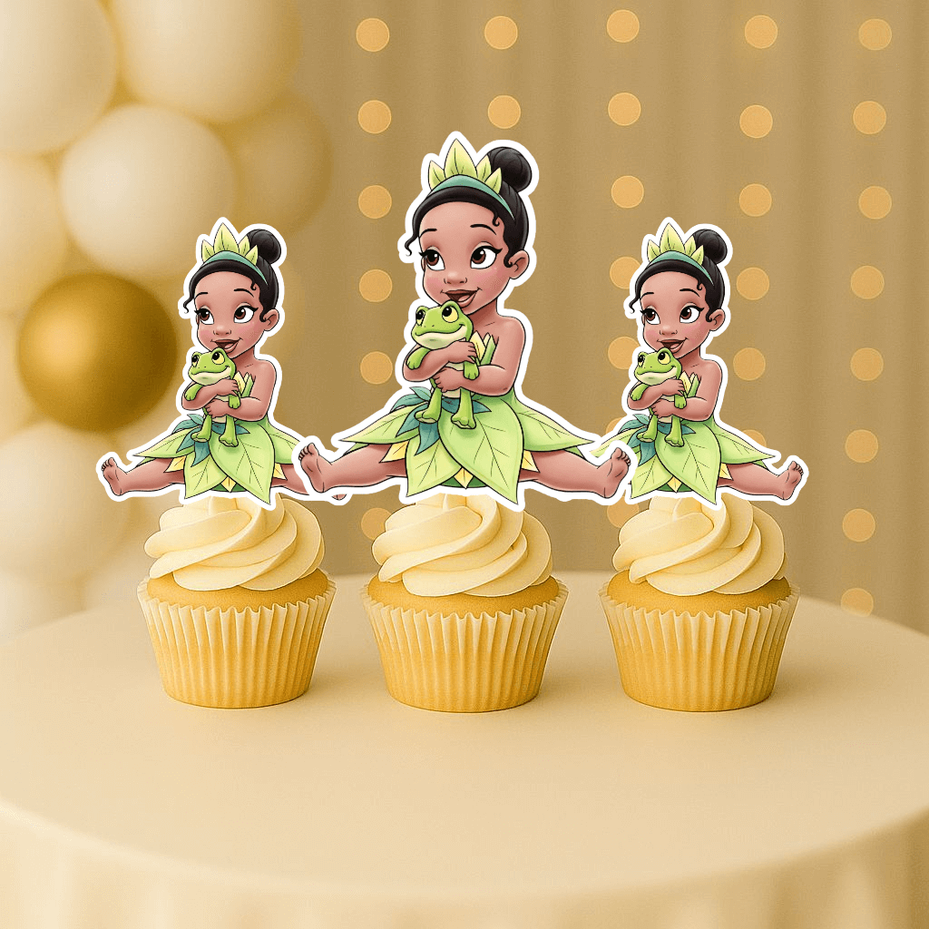 Baby Princess Tiana cupcake topper hugging frog – princess and the frog cupcake toppers for birthday party decorations.