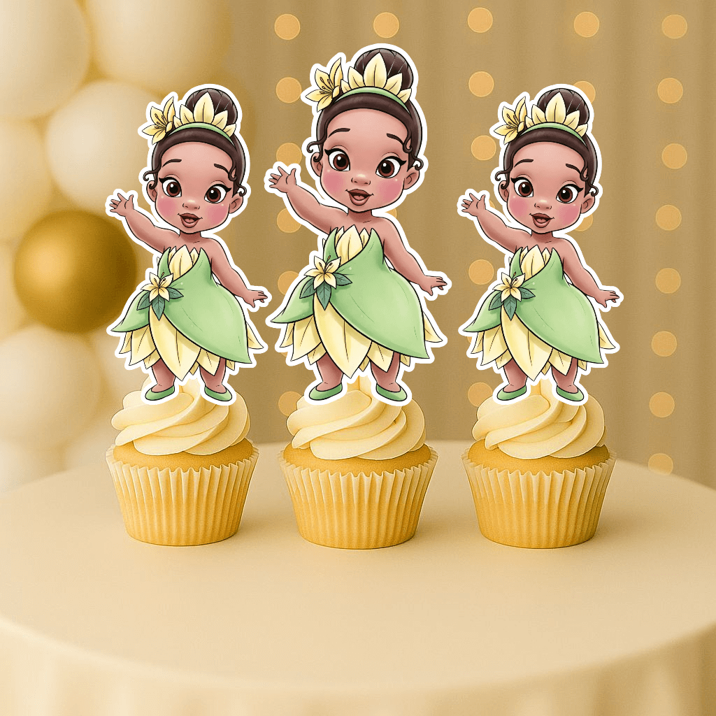 Baby Princess Tiana cupcake topper waving hi – princess tiana cupcake toppers for kids birthday party supplies.