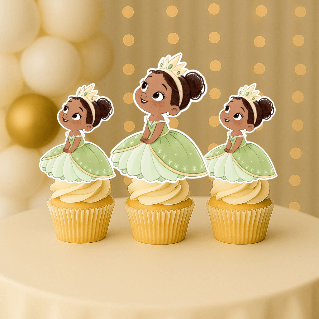 Baby Princess Tiana sitting cupcake topper – princess and the frog cupcake toppers for kids birthday party decorations.
