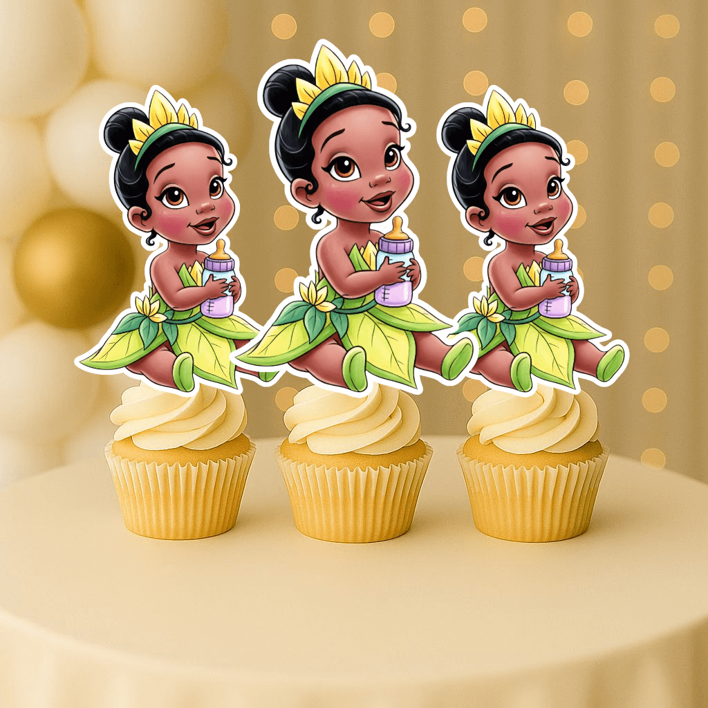 Baby Princess Tiana cupcake topper holding milk bottle – tiana birthday decorations for themed parties.