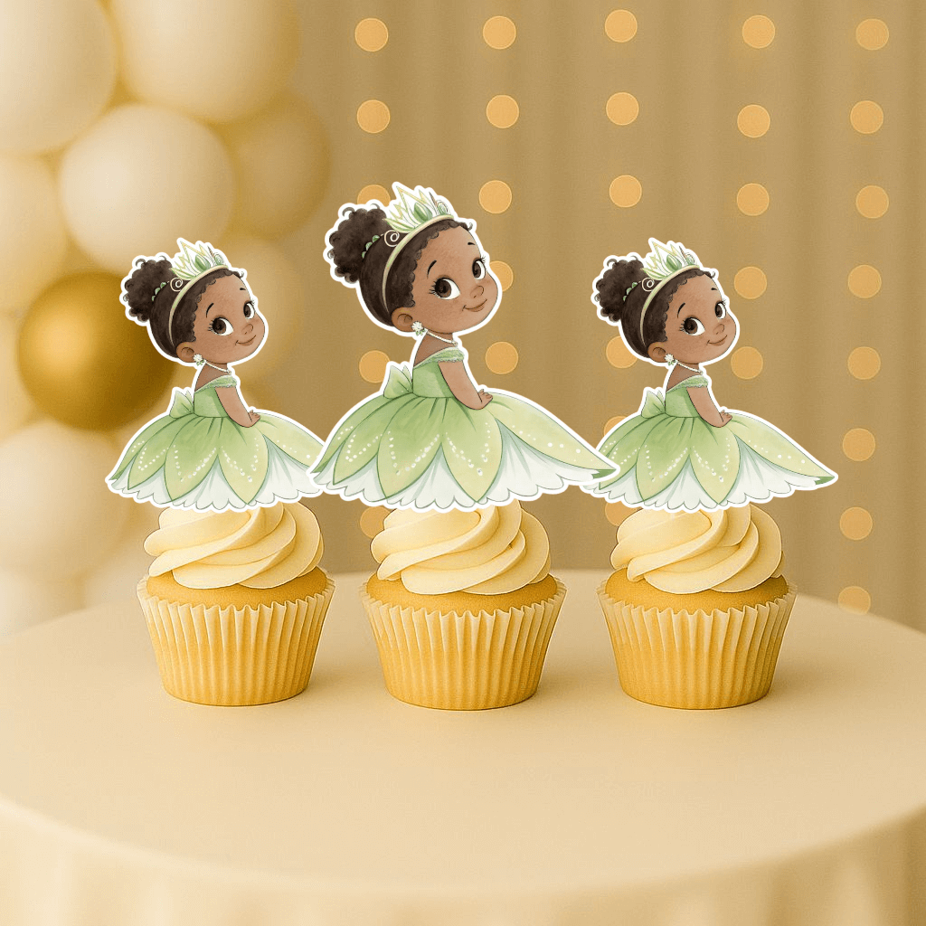 Baby Princess Tiana cupcake topper with golden tiara – tiana cupcake toppers for princess and the frog birthday parties.