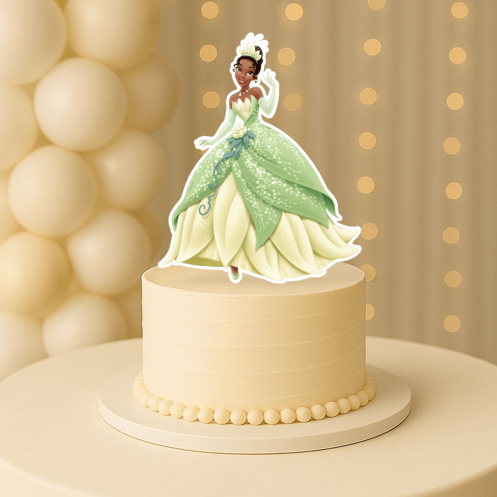 Princess Tiana wearing golden tiara cake topper for princess birthday cake decoration