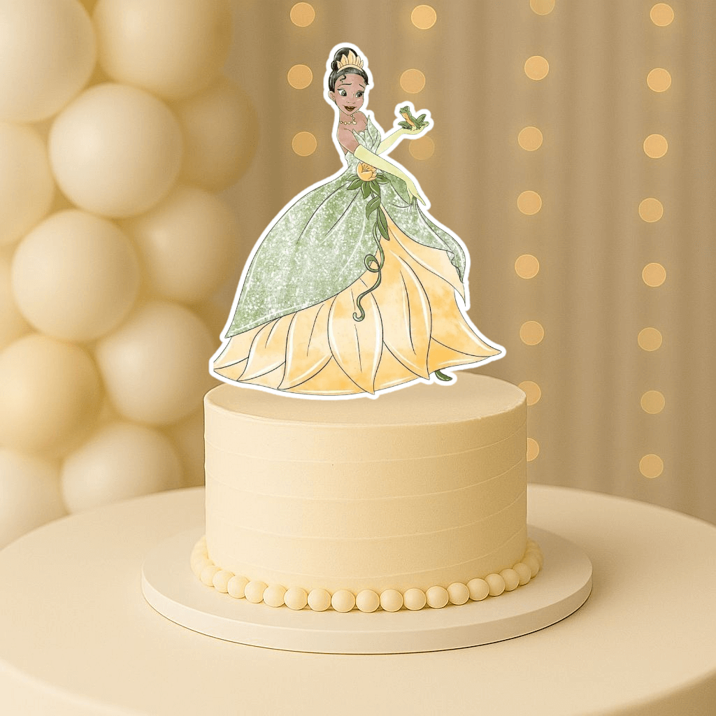 Princess Tiana in green dress cake topper for Princess and the Frog birthday party