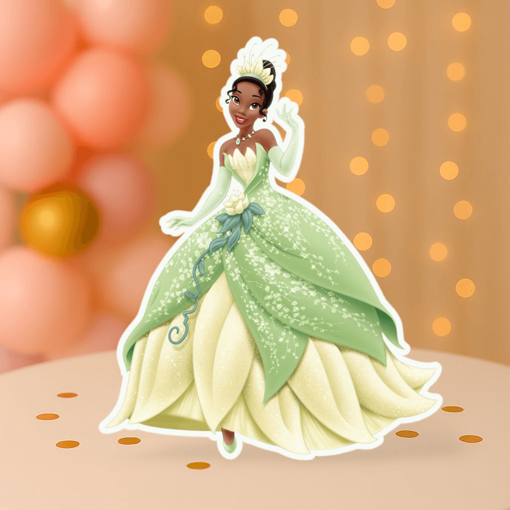 Princess Tiana cutout centerpiece in green dress – princess tiana birthday decorations for kids’ parties.