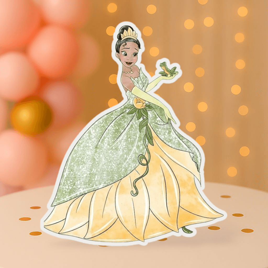 Princess Tiana cutout centerpiece with golden tiara – handmade princess tiana party supplies for themed birthdays.