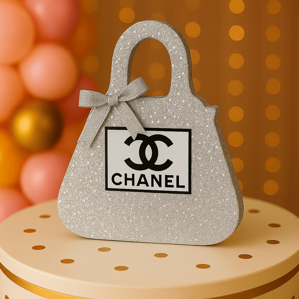 Sparkling silver Chanel birthday decorations with glitter, perfect for Chanel inspired party décor and stylish celebrations.