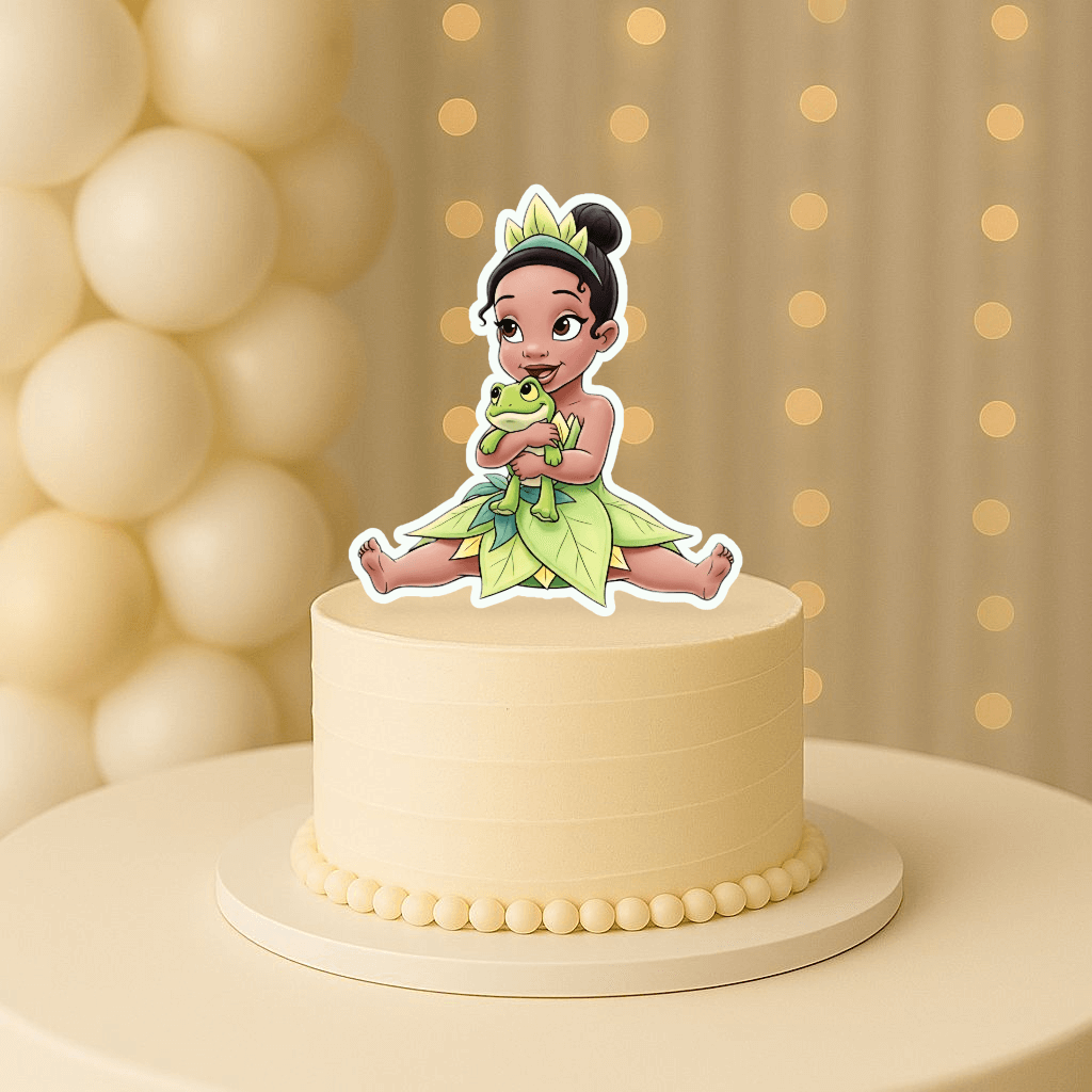 Baby Princess Tiana hugging frog cake topper for The Princess and the Frog birthday party decorations