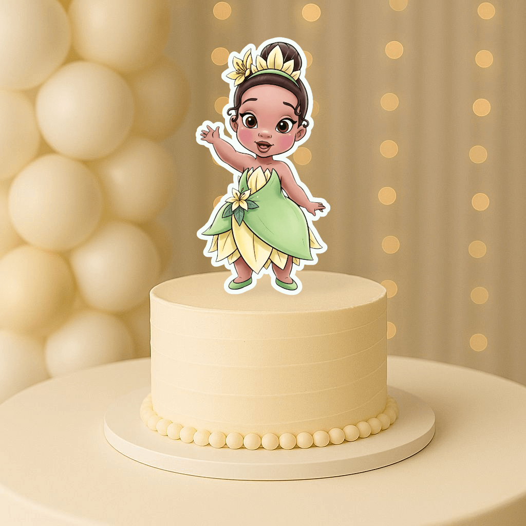 Baby Princess Tiana waving hi cake topper for princess birthday cake decoration