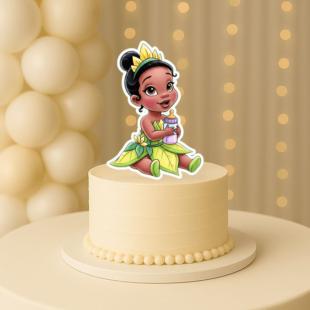 Baby Princess Tiana with milk bottle cake topper for Princess and the Frog birthday party