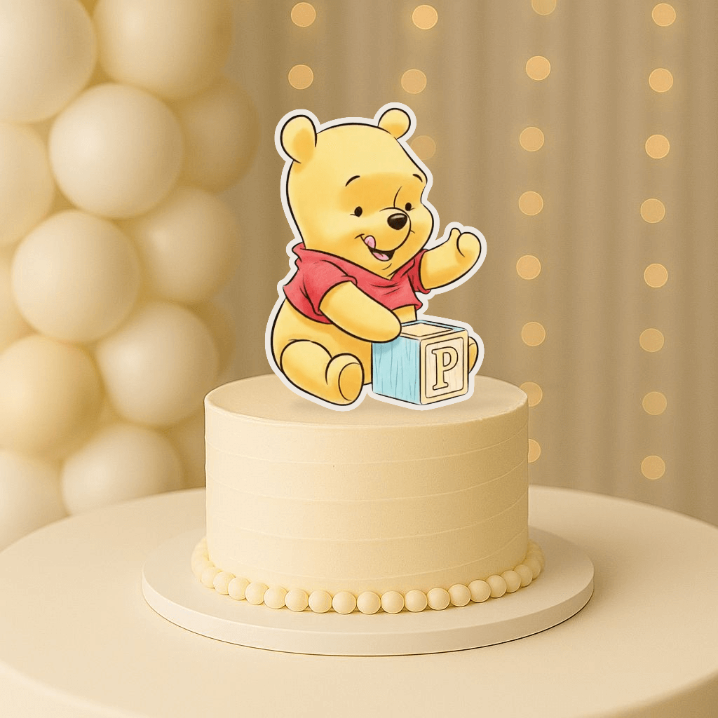 Winnie the Pooh cake topper baby Pooh with blue block for birthday cake