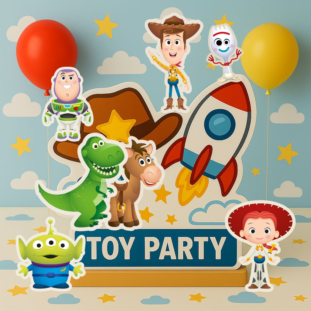 Toy Story party supplies set with birthday decorations, cake topper, centerpieces, balloons, and tableware