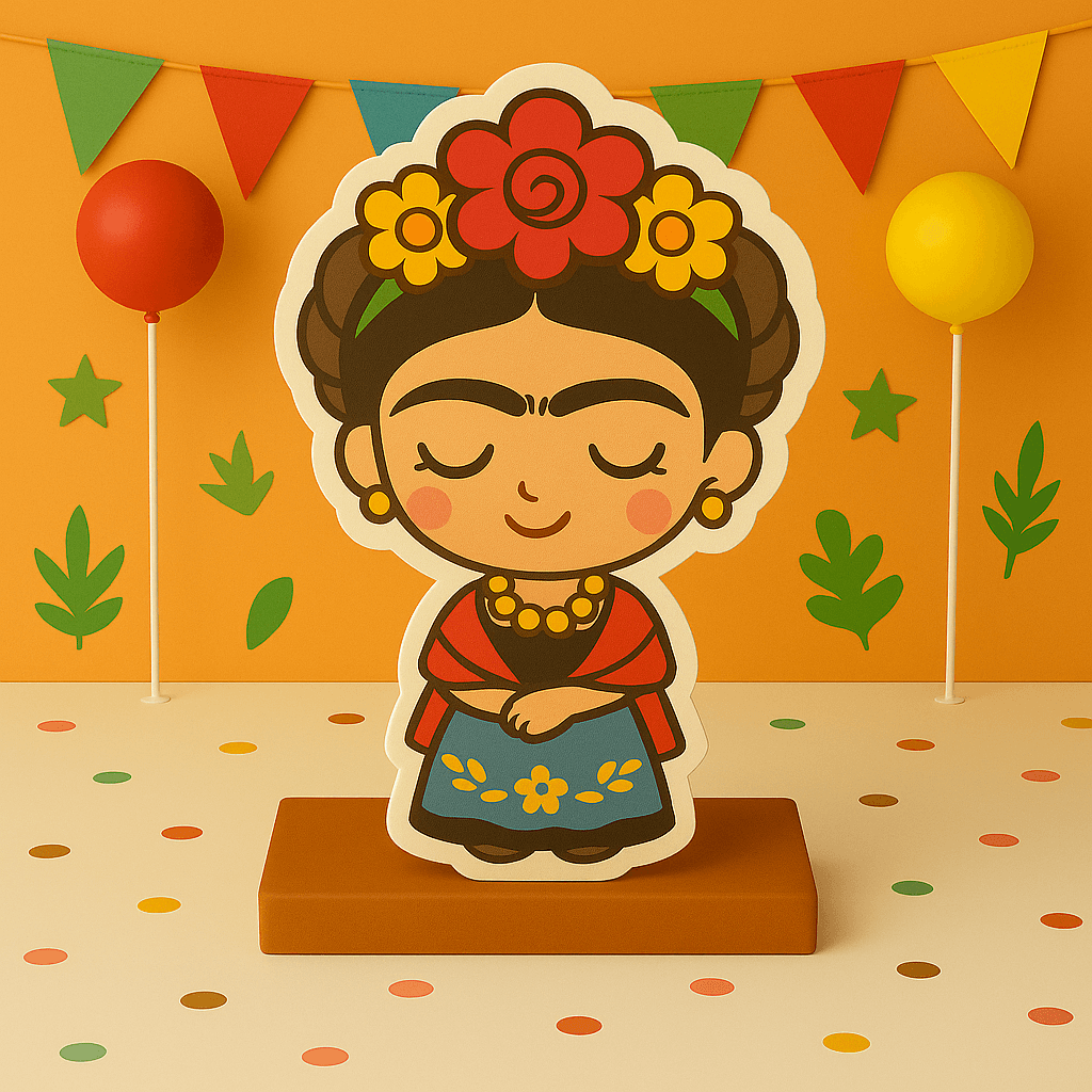 Handmade Frida Kahlo birthday decorations and party supplies for a Mexican fiesta theme with colorful cake toppers and centerpieces.