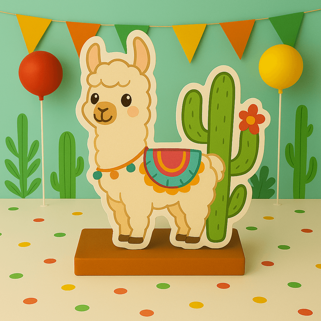 Handmade llama & cactus party supplies—cutouts, centerpieces & cake toppers for a fun, fiesta-inspired birthday celebration.
