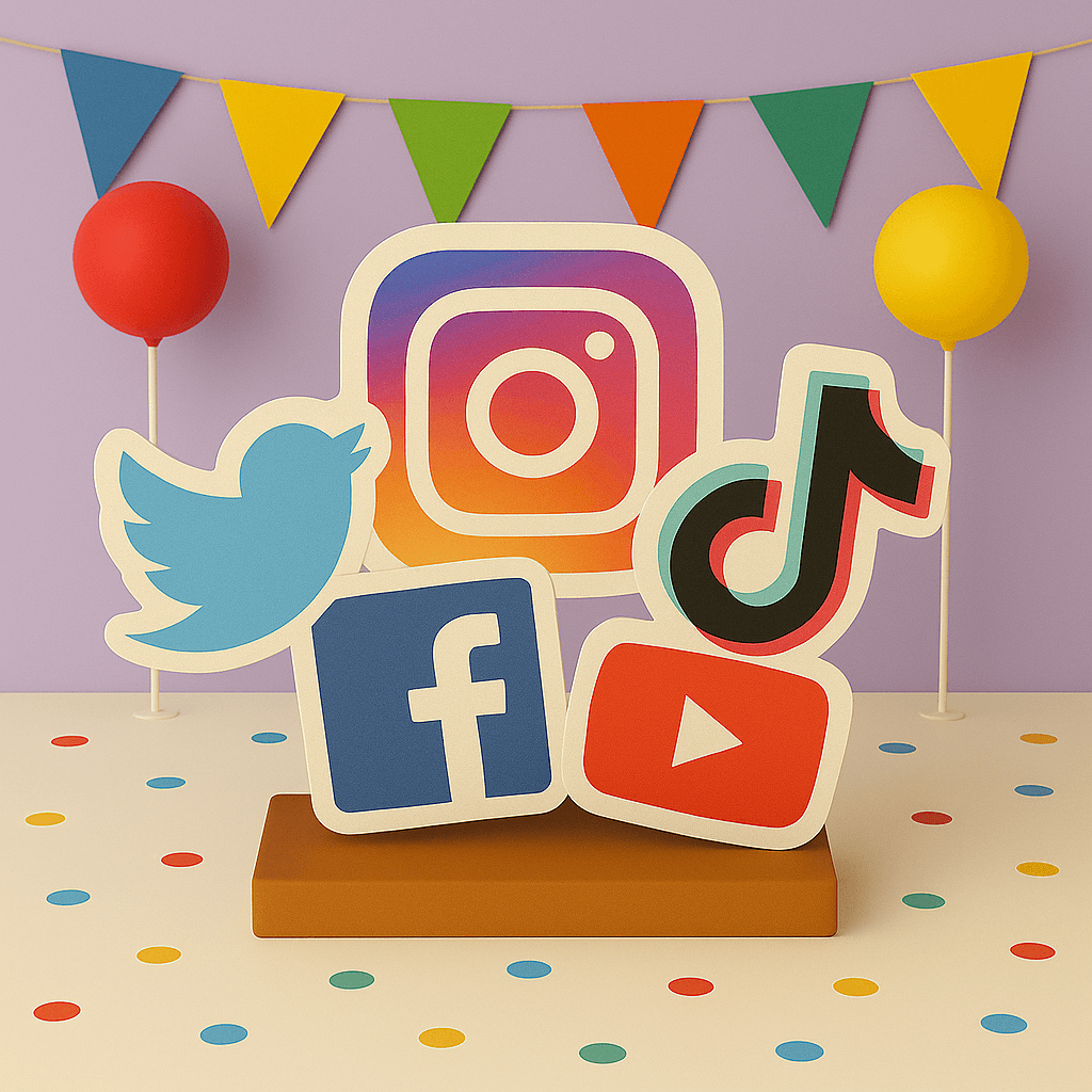 Handmade TikTok and YouTube party decorations and supplies for birthdays, including cutouts, centerpieces, and cake toppers.  ¿Quieres que ahora 