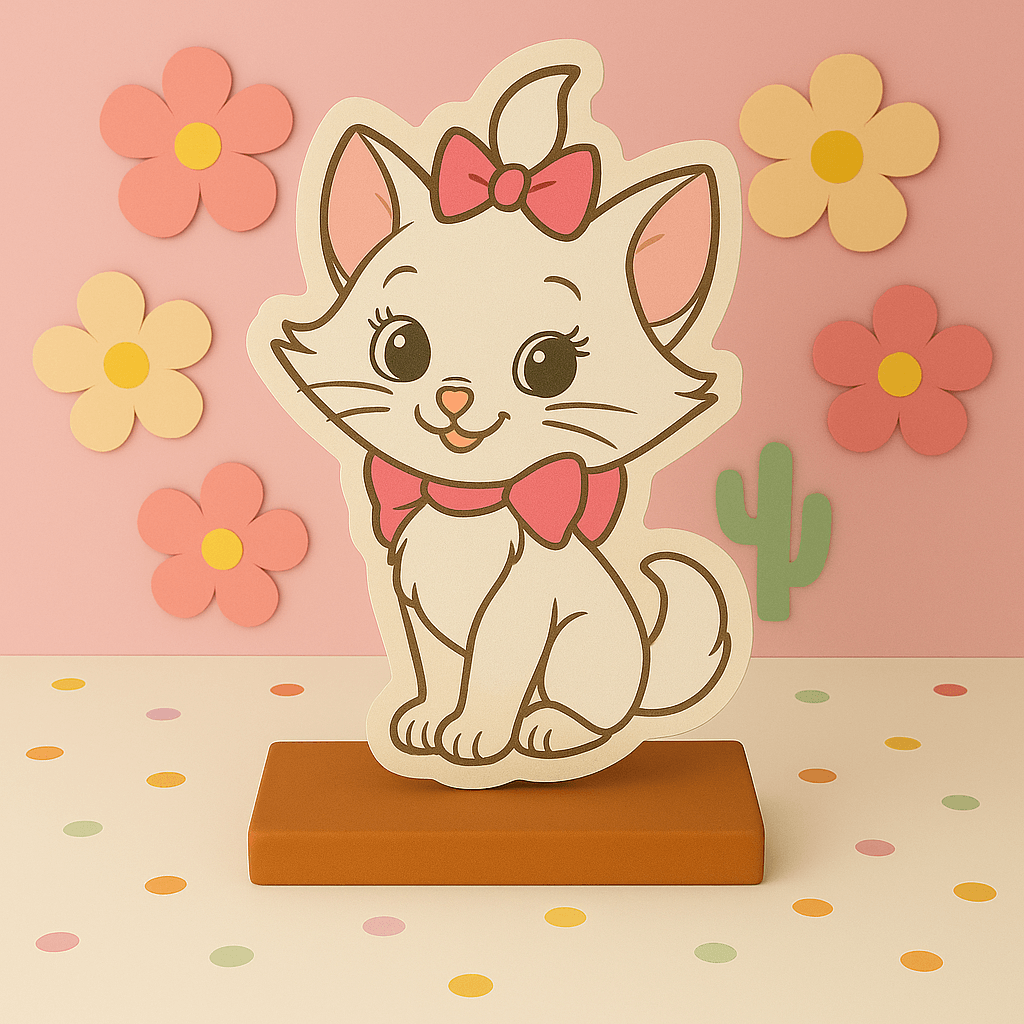 Handmade Marie Aristocats party decorations and supplies for birthdays, including cutouts, centerpieces, and toppers.