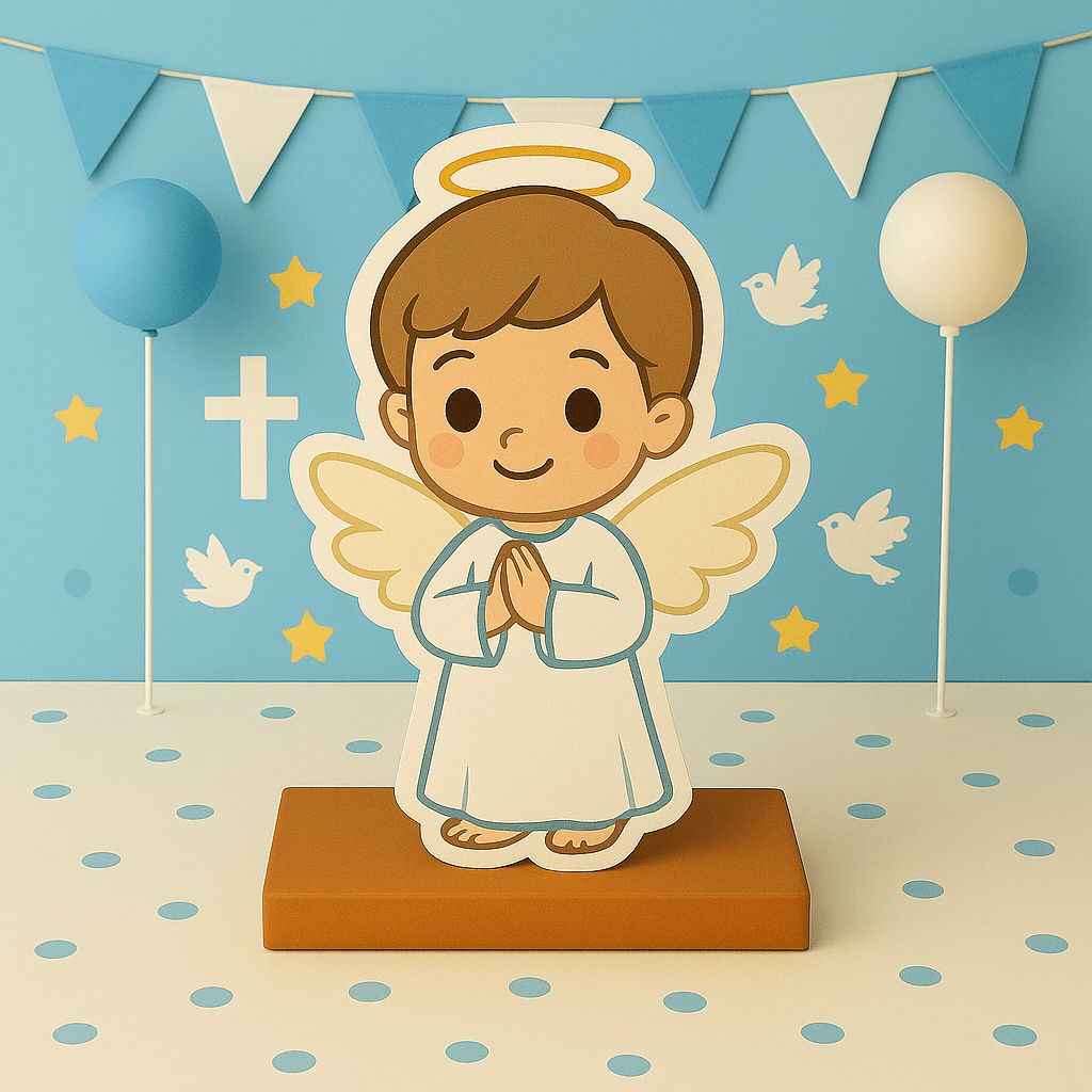 Baptism and christening decorations in foam: centerpiece and cake topper with angel and cross themes in white & gold, pink, and blue.