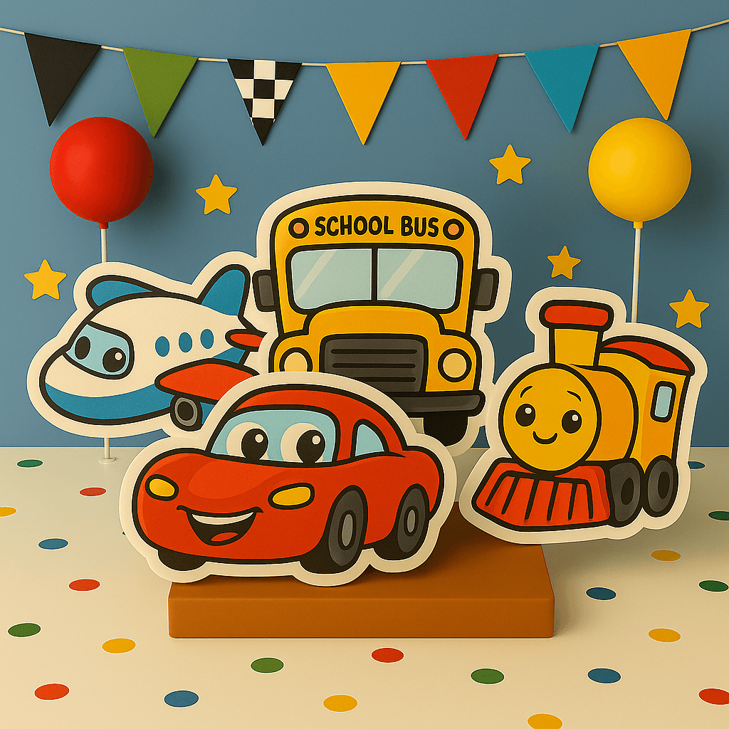 Transportation party decorations with foam cutouts, toppers and birthday supplies for kids transportation theme party