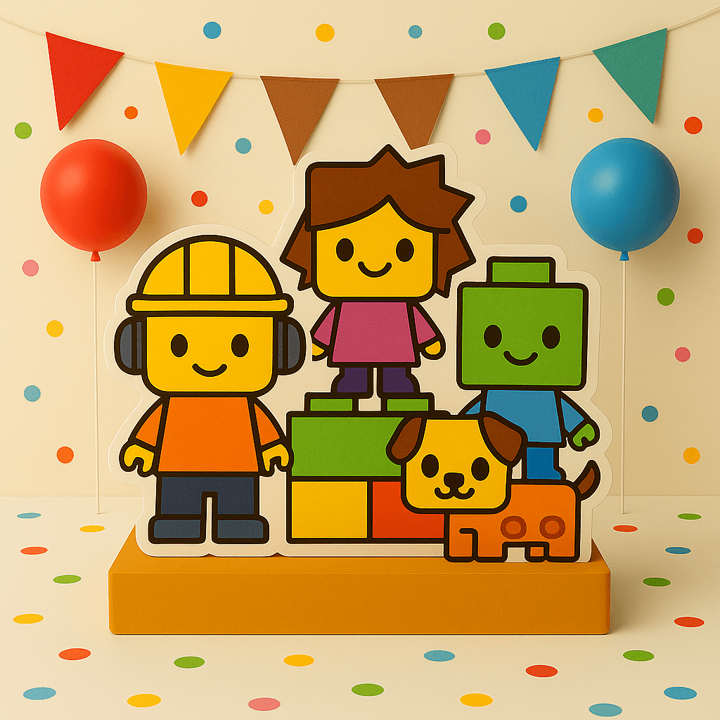 LEGO birthday decorations with handmade centerpieces, cake toppers, cutouts, and party supplies for a themed party