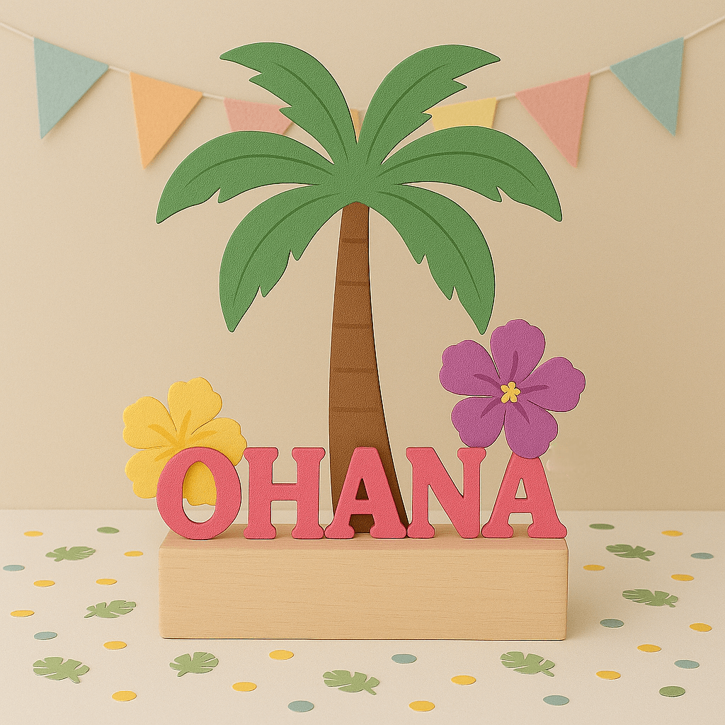 Handmade Stitch and Lilo birthday decorations including cutouts, centerpieces, toppers, and party favors for kids’ celebrations